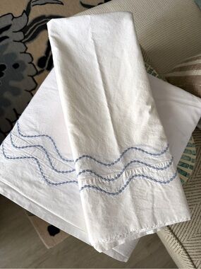 Matouk White & Blue Serena Embroidered 
King Cotton Pillowcase Flat Sheet